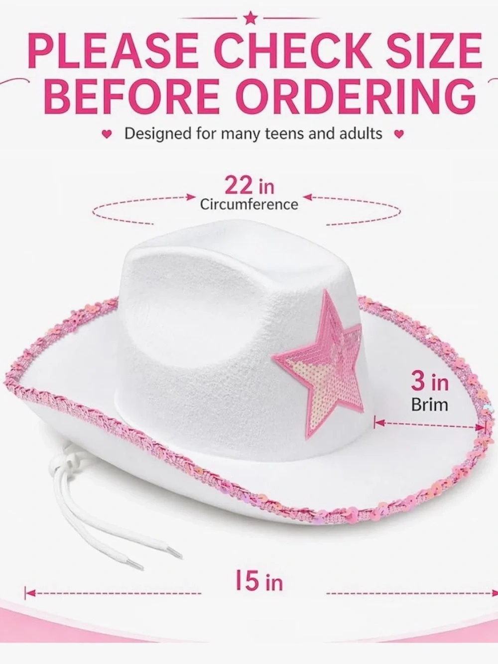 White with Pink  trim Cowgirl Hat # 3, 22 x 3 x 15,Cowboy Hat Fedora Cow